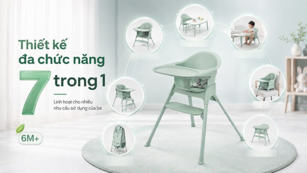 Ghế ăn dặm đa chức năng Volden 7UP 6M+ cho bé 6 tháng 1 Ghế ăn dặm Volden 7UP 6M+ với thiết kế đa chức năng 7 trong 1