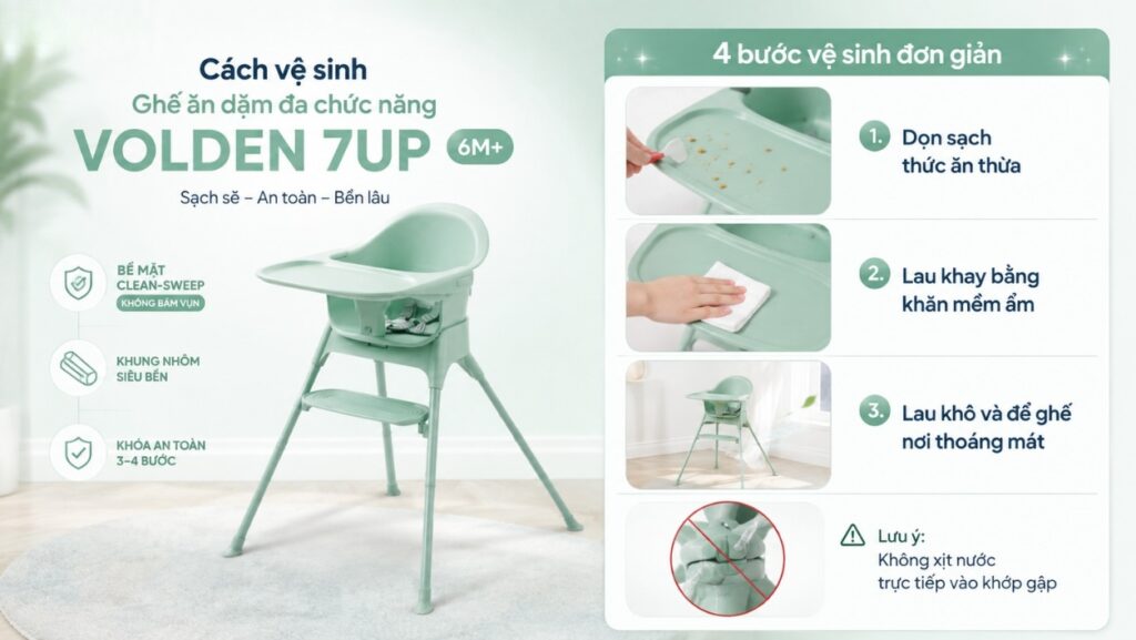 Ghế ăn dặm đa chức năng Volden 7UP 6M+ cho bé 6 tháng 3 Cách vệ sinh ghế ăn dặm Volden 7UP