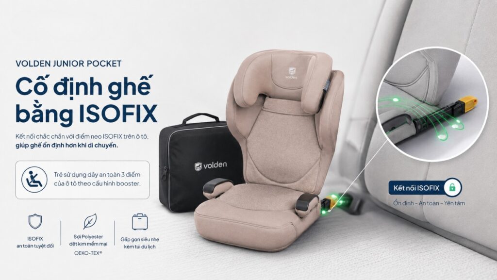Ghế booster tựa lưng Volden Junior Pocket gập gọn cho bé 3-12 Tuổi 1 Cố định ghế bằng ISOFIX