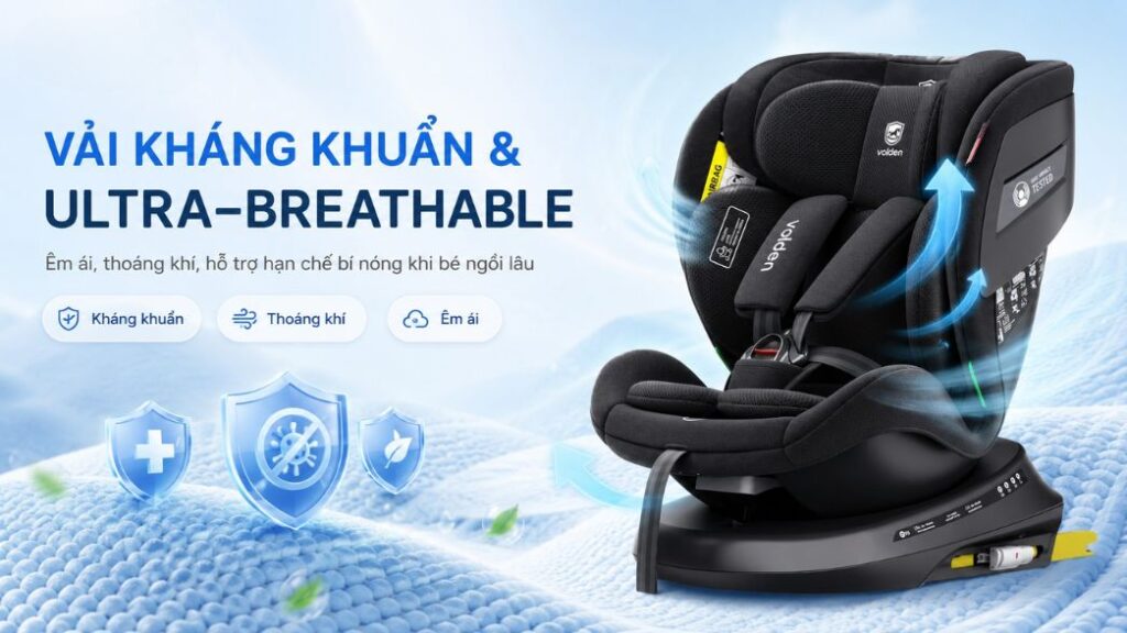 Ghế ô tô trẻ em Volden Baby Airvoice tích hợp giọng nói AI 3 Chất liệu vải kháng khuẩn, thoáng khí