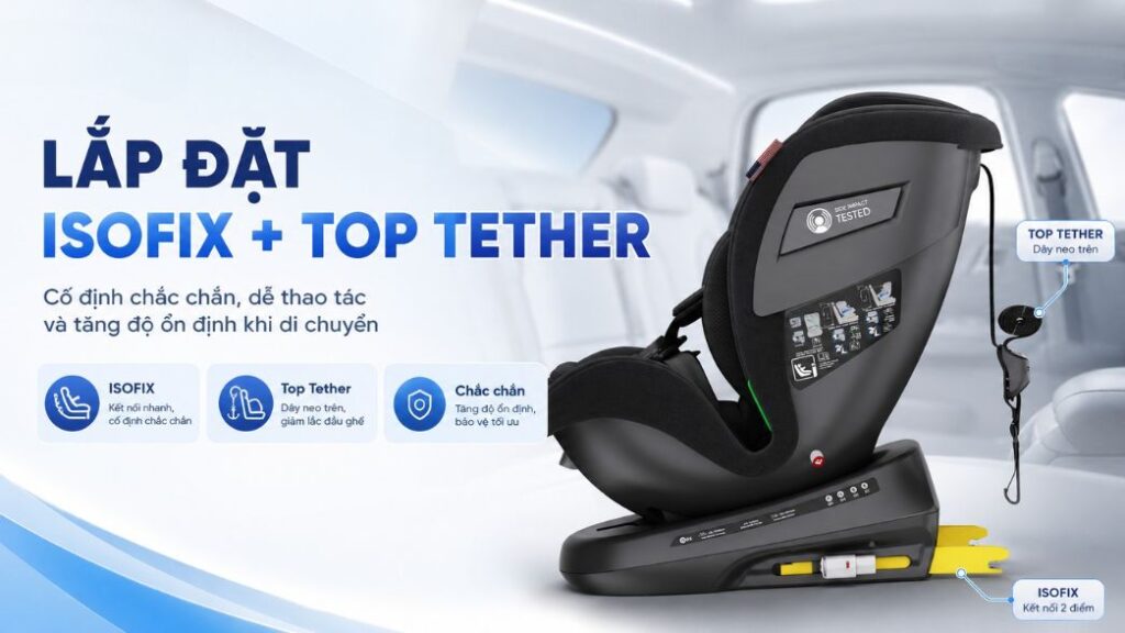 Ghế ô tô trẻ em Volden Baby Airvoice tích hợp giọng nói AI 4 ISOFIX + Top Tether hỗ trợ cố định ghế chắc chắn