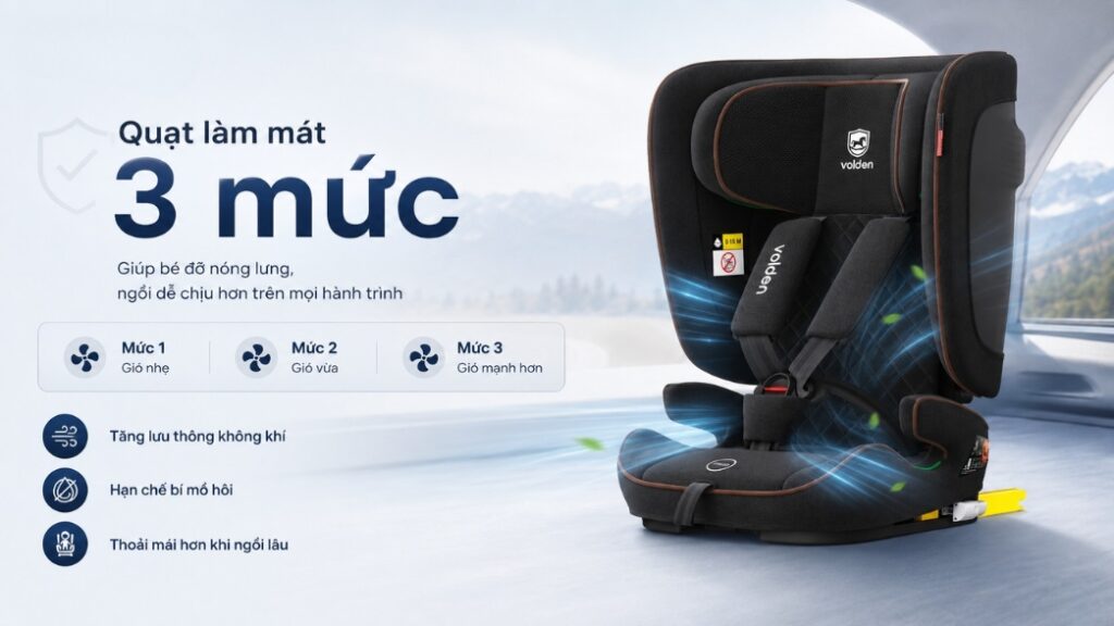 Ghế ô tô trẻ em Volden Kid Airvoice tích hợp quạt gió cho bé 15 Tháng -12 Tuổi 2 Quạt làm mát 3 mức giúp bé đỡ nóng lưng