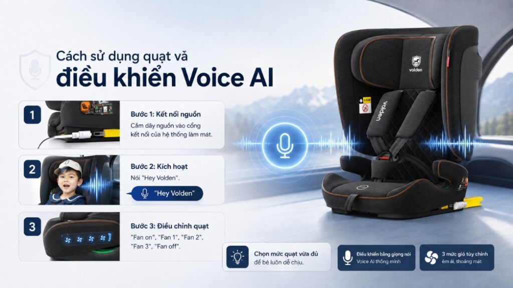 Ghế ô tô trẻ em Volden Kid Airvoice tích hợp quạt gió cho bé 15 Tháng -12 Tuổi 4 Cách sử dụng quạt và điều khiển Voice AI