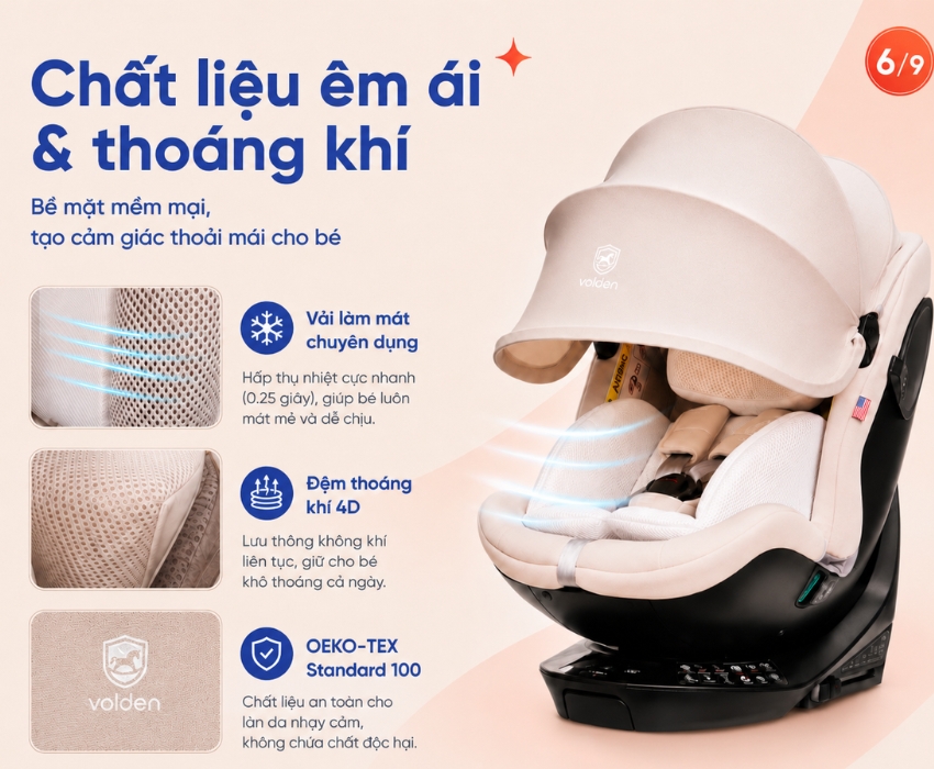 Ghế ô tô trẻ em Volden Prime NextUS cao cấp thông minh 2 Chất liệu êm ái và thoái khí