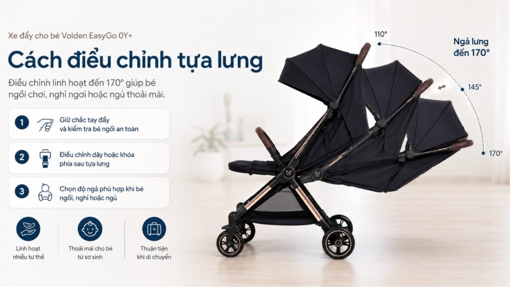 Xe đẩy cho bé Volden EasyGo 0Y+ gấp gọn vừa Cabin máy bay 3 Cách điều chỉnh tựa lưng