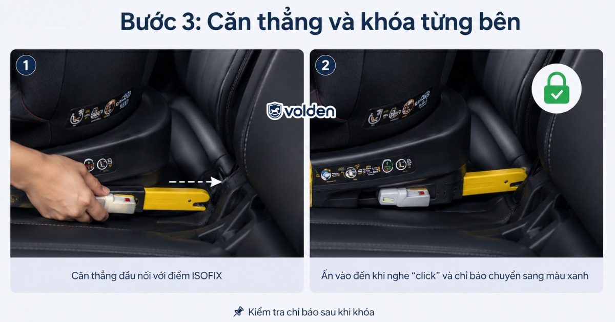 Cách lắp ghế ô tô ISOFIX đúng chuẩn an toàn cùng Volden 12 Căn thẳng hai đầu nối rồi khóa từng bên