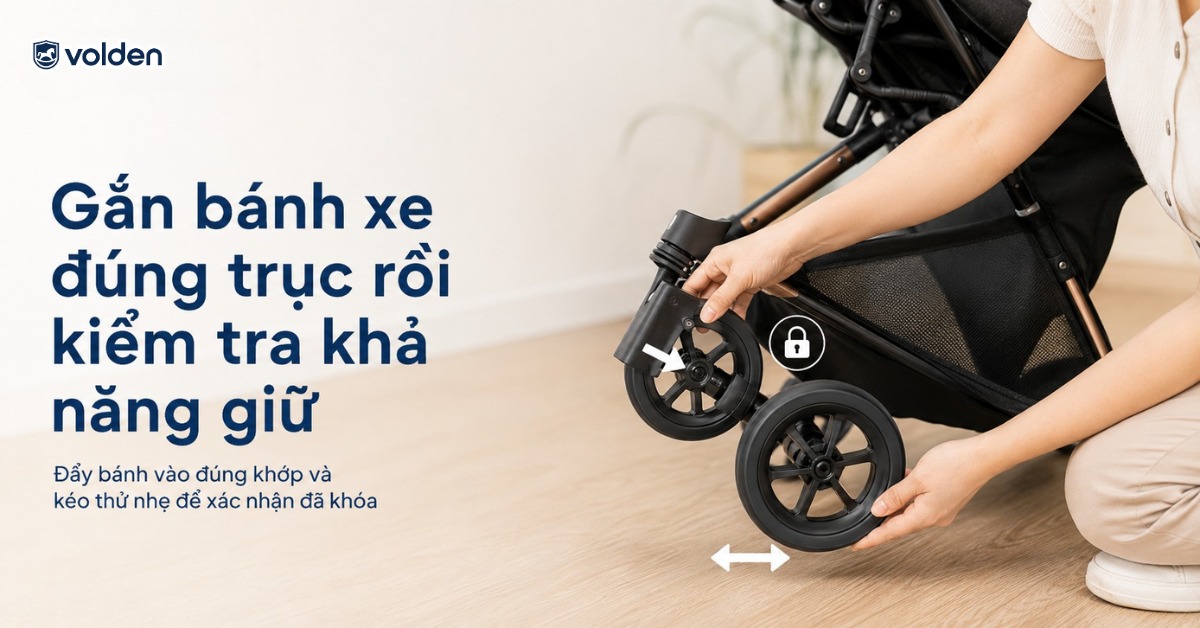 Cách lắp xe đẩy cho bé 5 bước đơn giản, dễ thực hiện 9 Gắn bánh xe đúng trục rồi kiểm tra khả năng giữ