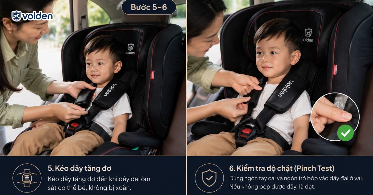 Cách thắt dây an toàn cho ghế trẻ em đúng và hiệu quả 8 Kéo dây tăng đơ và kiểm tra độ chặt