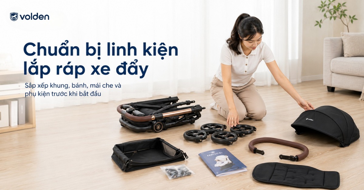 Cách lắp xe đẩy cho bé 5 bước đơn giản, dễ thực hiện 7 Chuẩn bị linh kiện lắp ráp xe đẩy cho bé