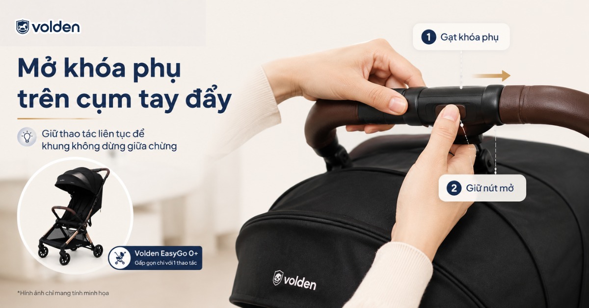 Cách mở xe đẩy gấp gọn đúng cách, an toàn cùng Volden 8 Mở khóa phụ trên cụm tay đẩy