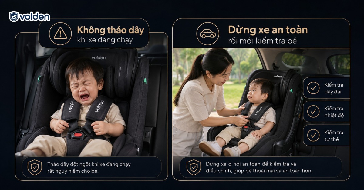 Cách tập cho bé ngồi ghế ô tô trẻ em và xử lý khi bé khóc 8 Xử lý khi bé khóc, cong người hoặc đòi tháo dây